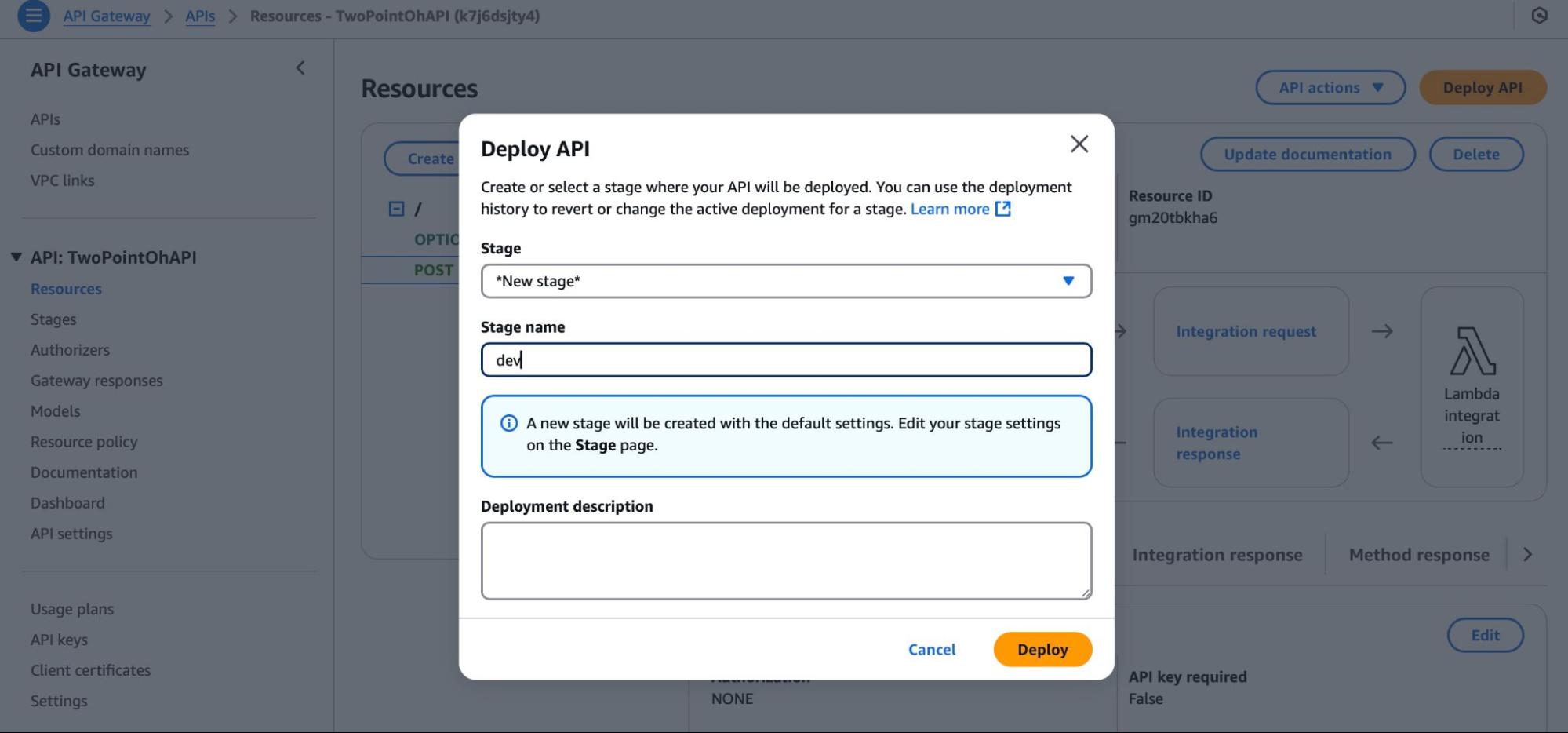 deploy API pop-up